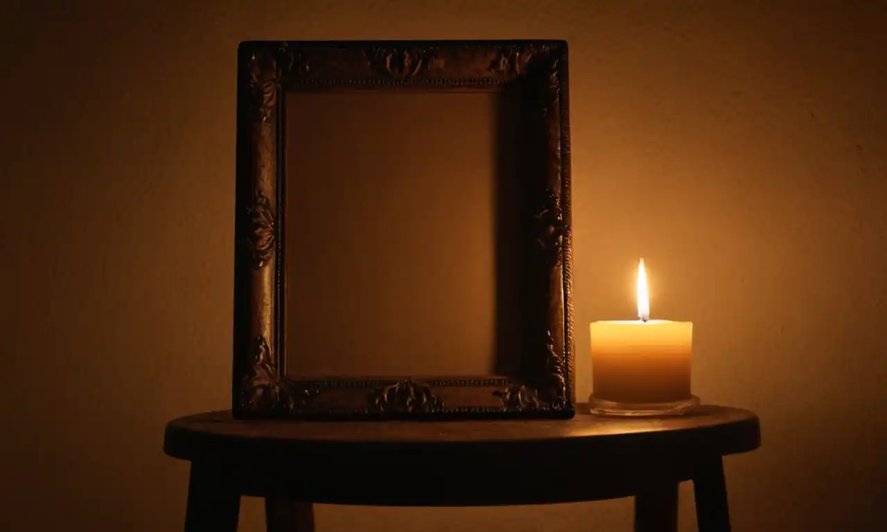 Faded photograph frame, candlelight, empty chair