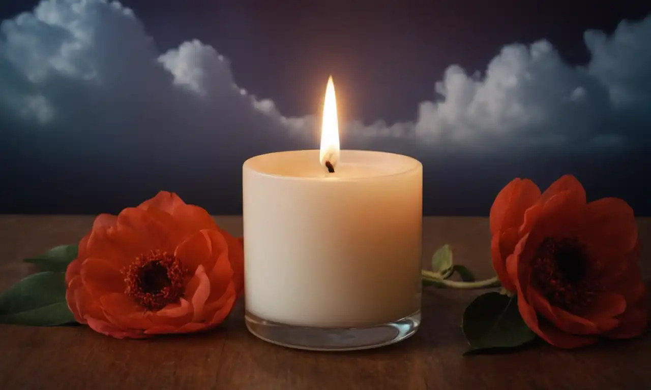 Faded photograph, candle light, gentle petals, soft clouds