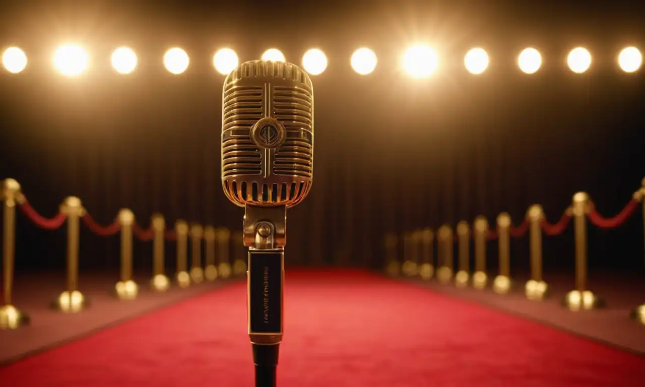 Golden microphone, spotlights, bold fonts, red carpet