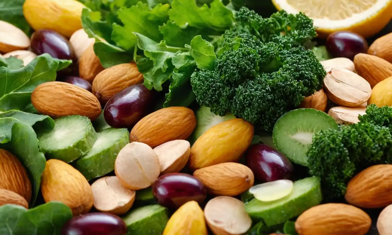 Leafy greens, colorful fruits, fish oil capsules, sliced almonds