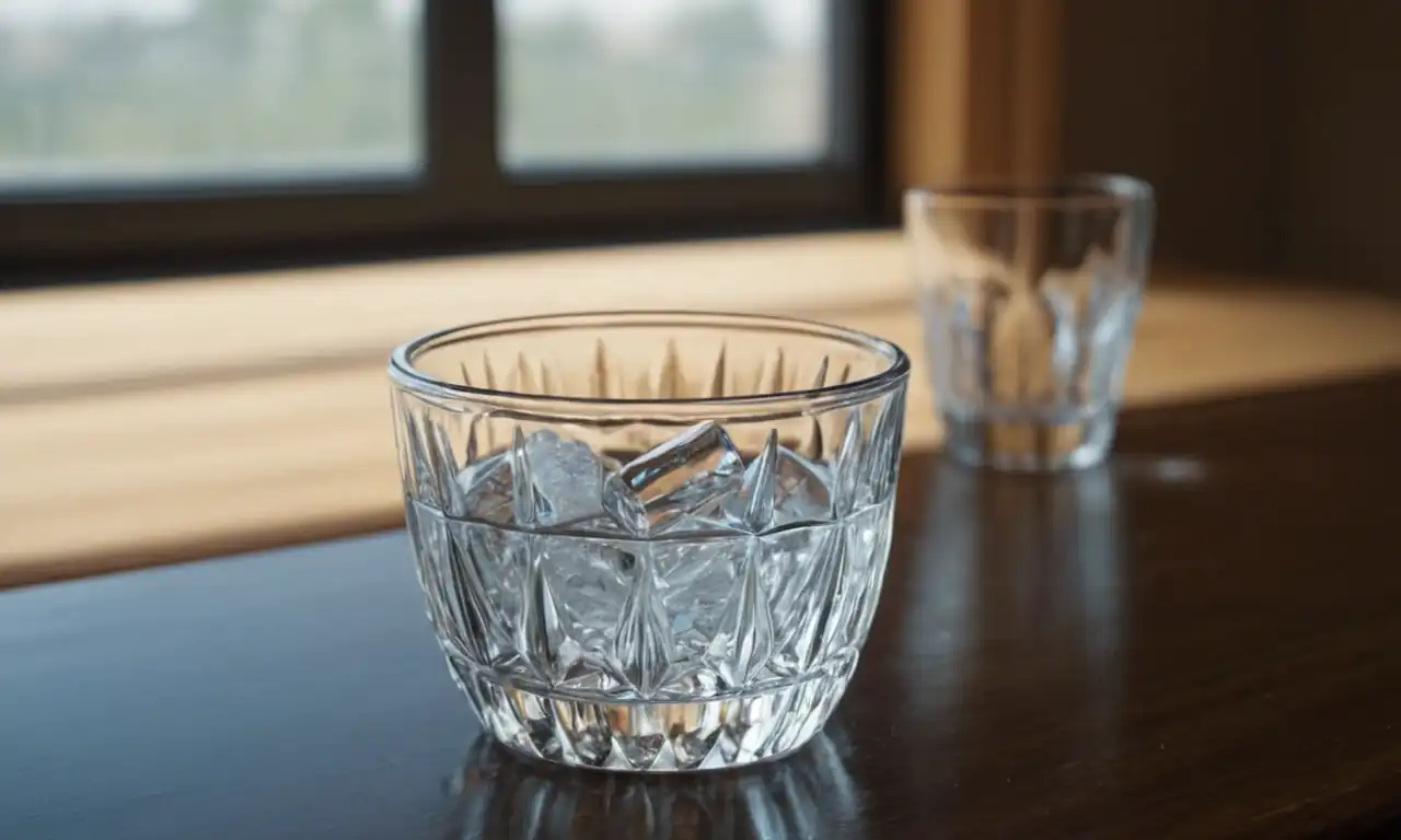 Salt crystals, dental floss, water glass, sparkling sink