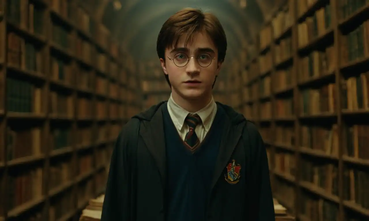 Un joven Harry Potter en una biblioteca oscura, rodeado de libros antiguos y manuscritos misteriosos