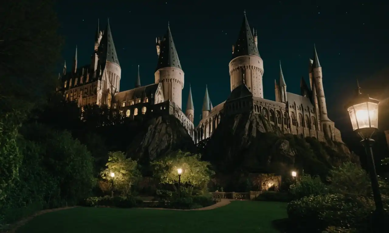 Wizardos en un jardín Hogwarts nocturno con la Copa Slytherin brillante