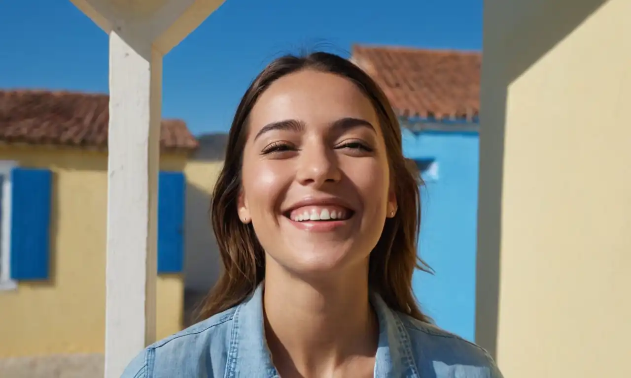 Una persona sonriendo ante una casa con un fondo azul, simbolizando la ilusión de vivir sin costos