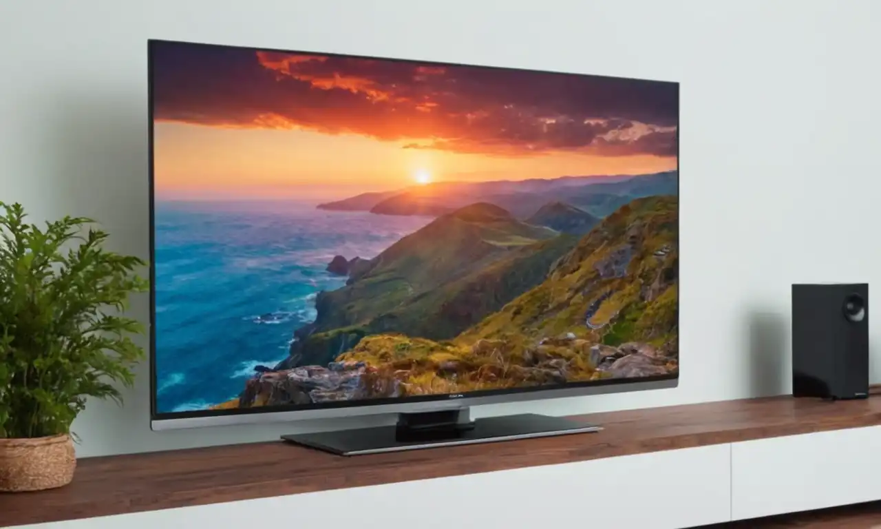 Smart TV con pantalla brillante y botón de inicio