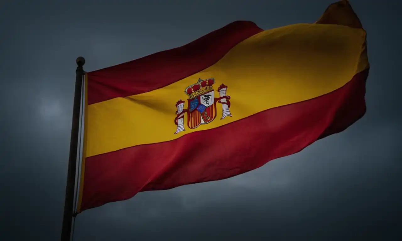 Bandera española con fondo oscuro, destacando los colores rojo y amarillo