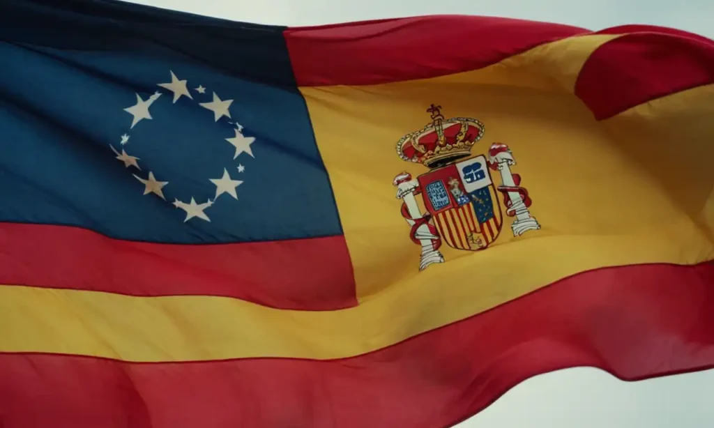 Bandera española en primer plano con detalles de la simbología