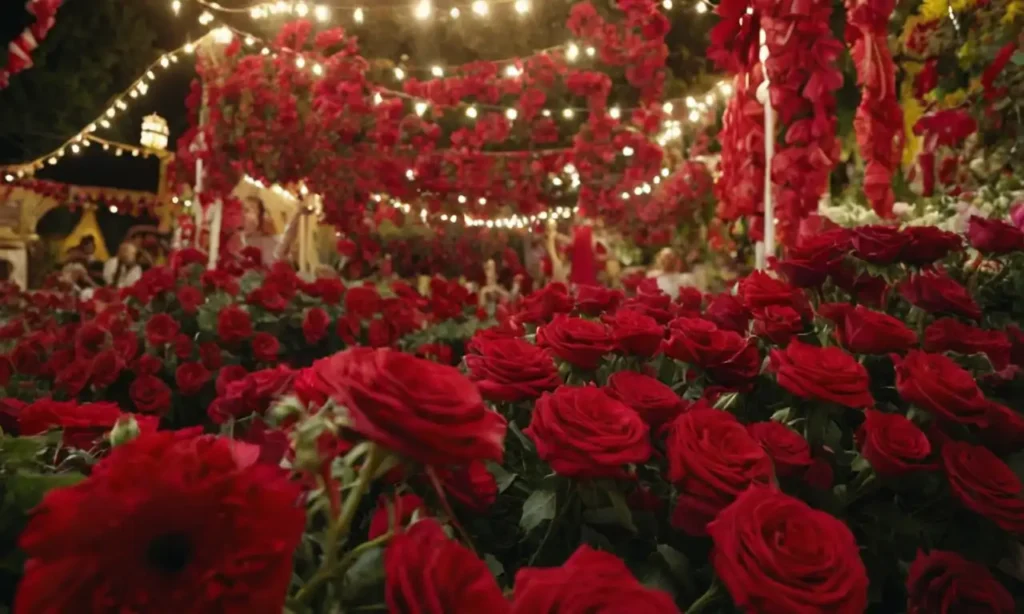 Fiestas españolas con banderas y flores rojas