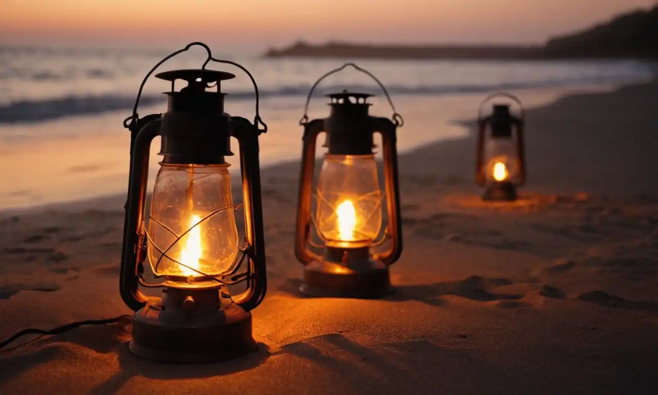 Flickering lanterns on a dark beach at sunset, eerie misty atmosphere