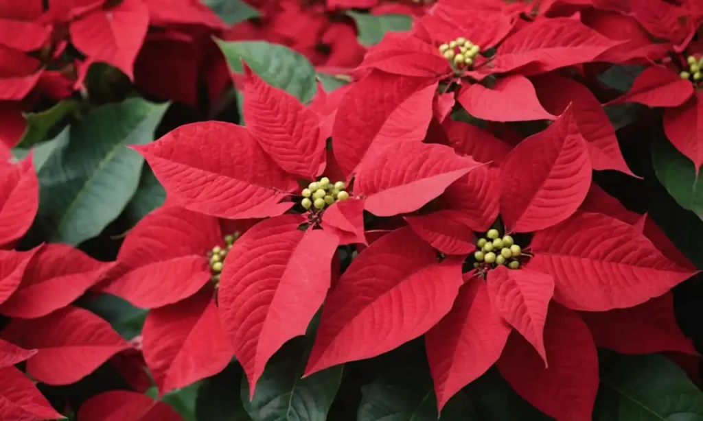 Poinsettia en flor con bolitas rojas brillantes