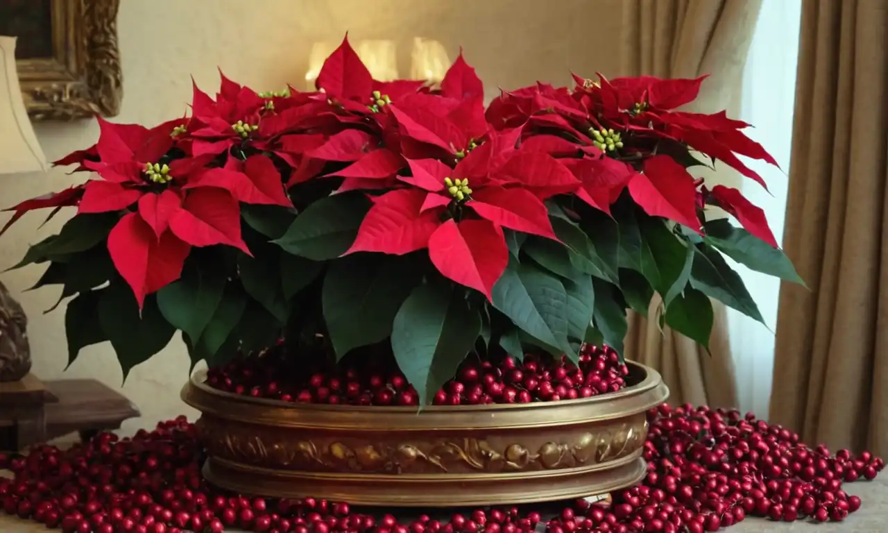 Estufa decorada con Poinsettia y bolitas rojas