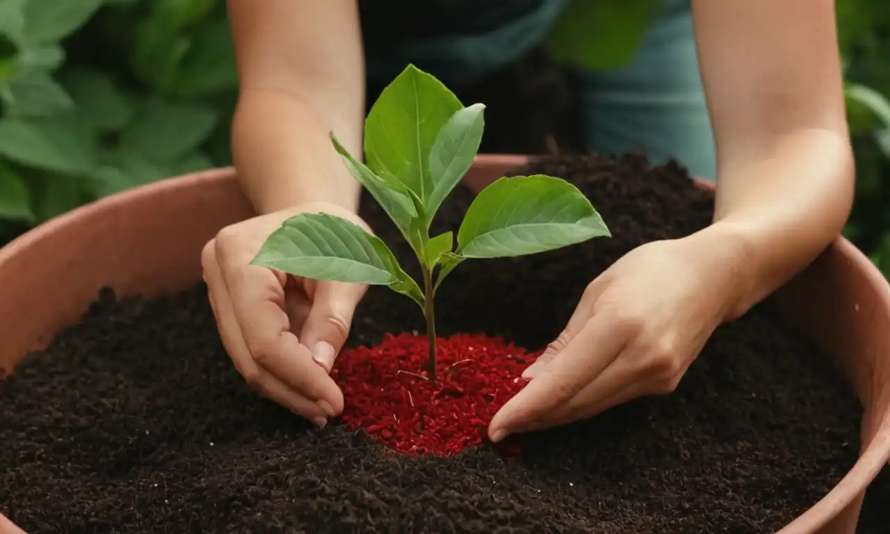 Jardinero plantando hoja roja con flor