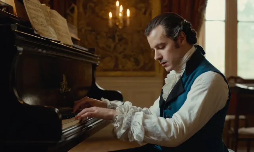 18th century composer sitting at his piano