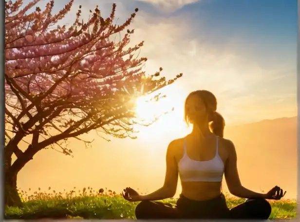 Person meditating near a blooming tree with a sunny background