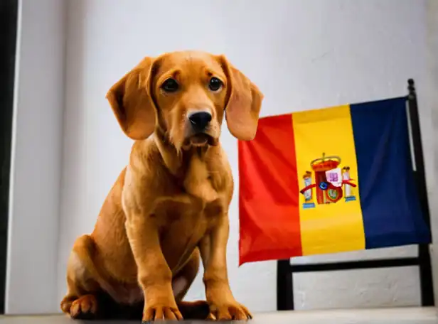 Spanish flag and a dog sitting on a chair