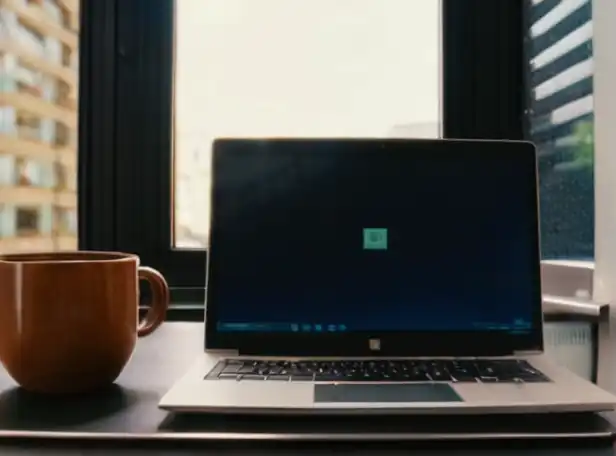 A clean desk with a Windows laptop open to a tidy disk drive