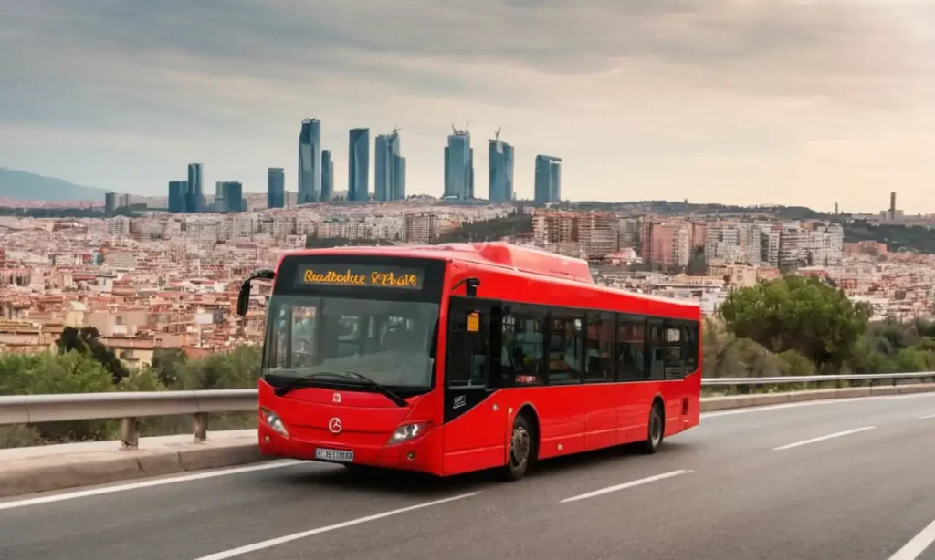 Bus rojo recorriendo la autopista con el skyline de Barcelona en background