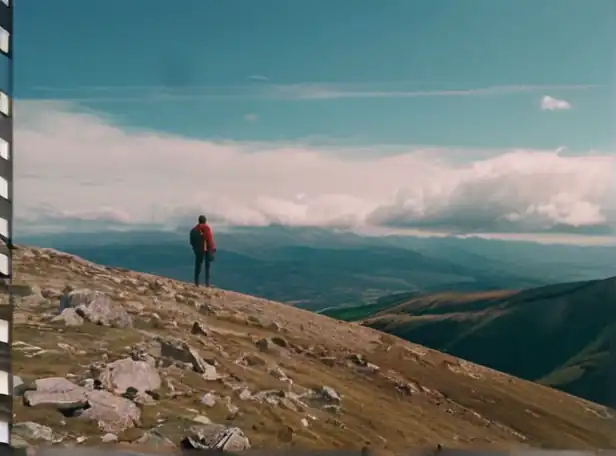 A person standing on a mountain peak looking out at a vast landscape with a grateful expression