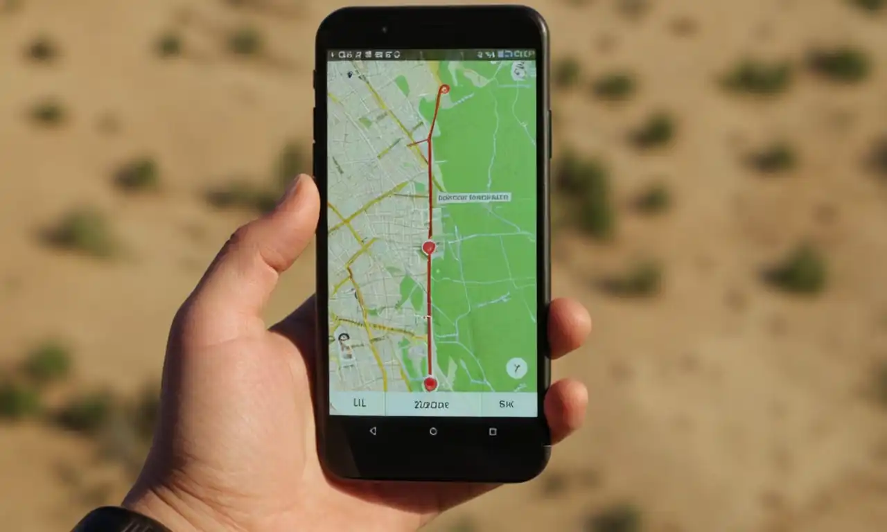 Un smartphone con un mapa en vivo, con flechas que apuntan hacia una figura en segundo plano