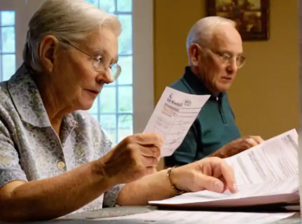 Retired seniors checking tax forms at home