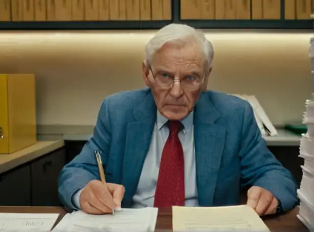 Senior citizen sitting at a desk, surrounded by paperwork and files