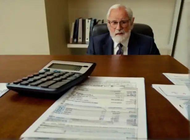 Retiree sitting at a desk with tax documents and calculator