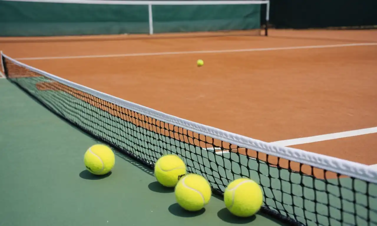 Yellow tennis balls, rackets, net strings, tennis court