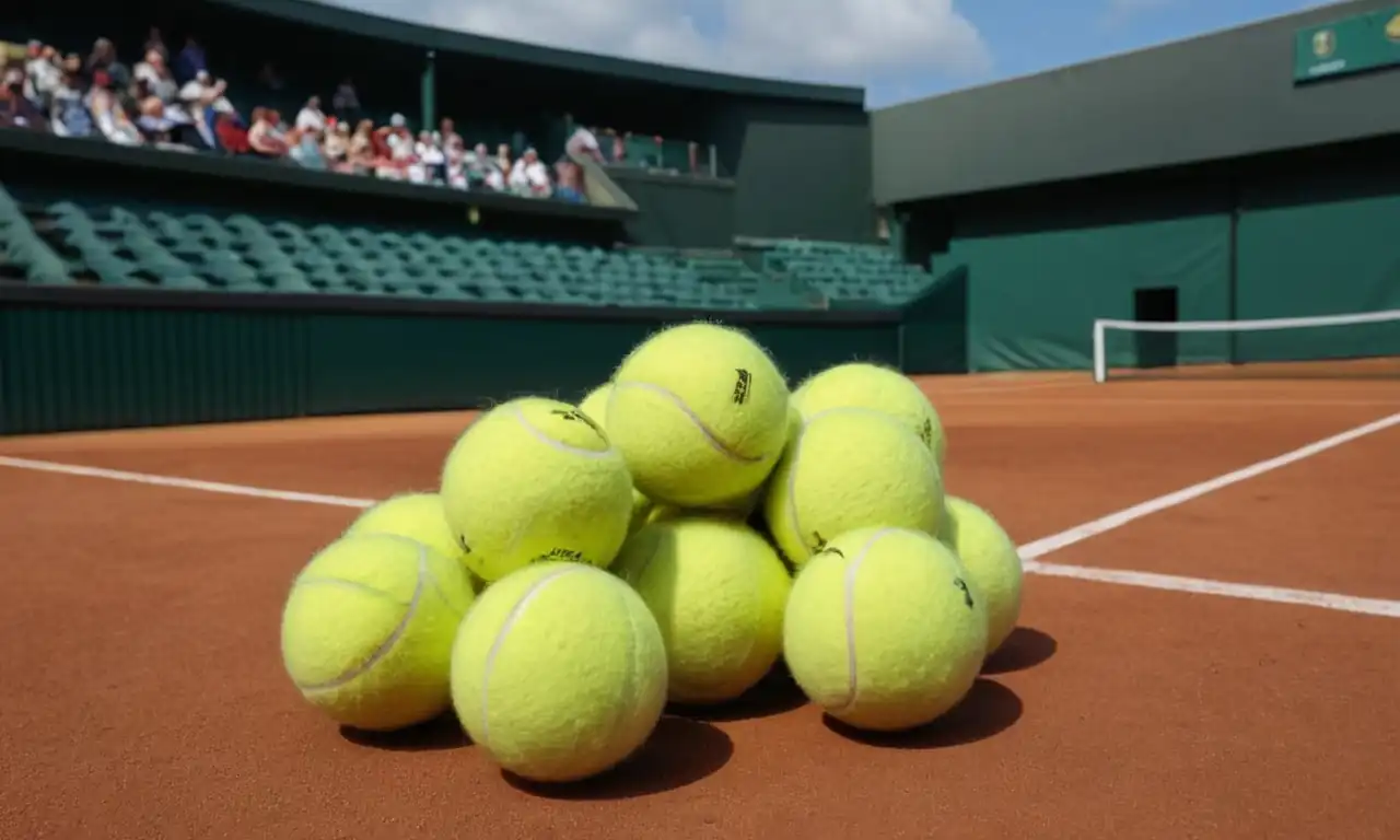 Tennis balls, tennis racket, scoreboard, Wimbledon court