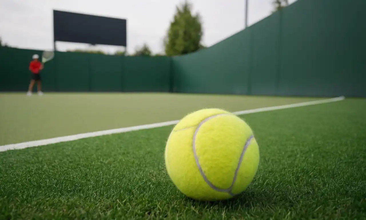 Tennis racket, yellow ball, green grass, scoreboard numbers