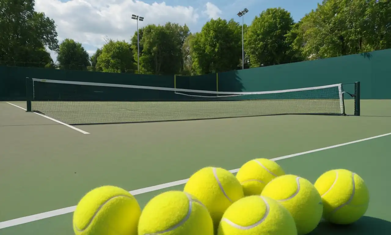 Tennis court, yellow balls, racket, scoreboard, grass