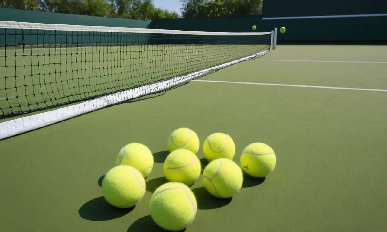 Yellow tennis balls, grass court, tournament scoreboard, classic racket