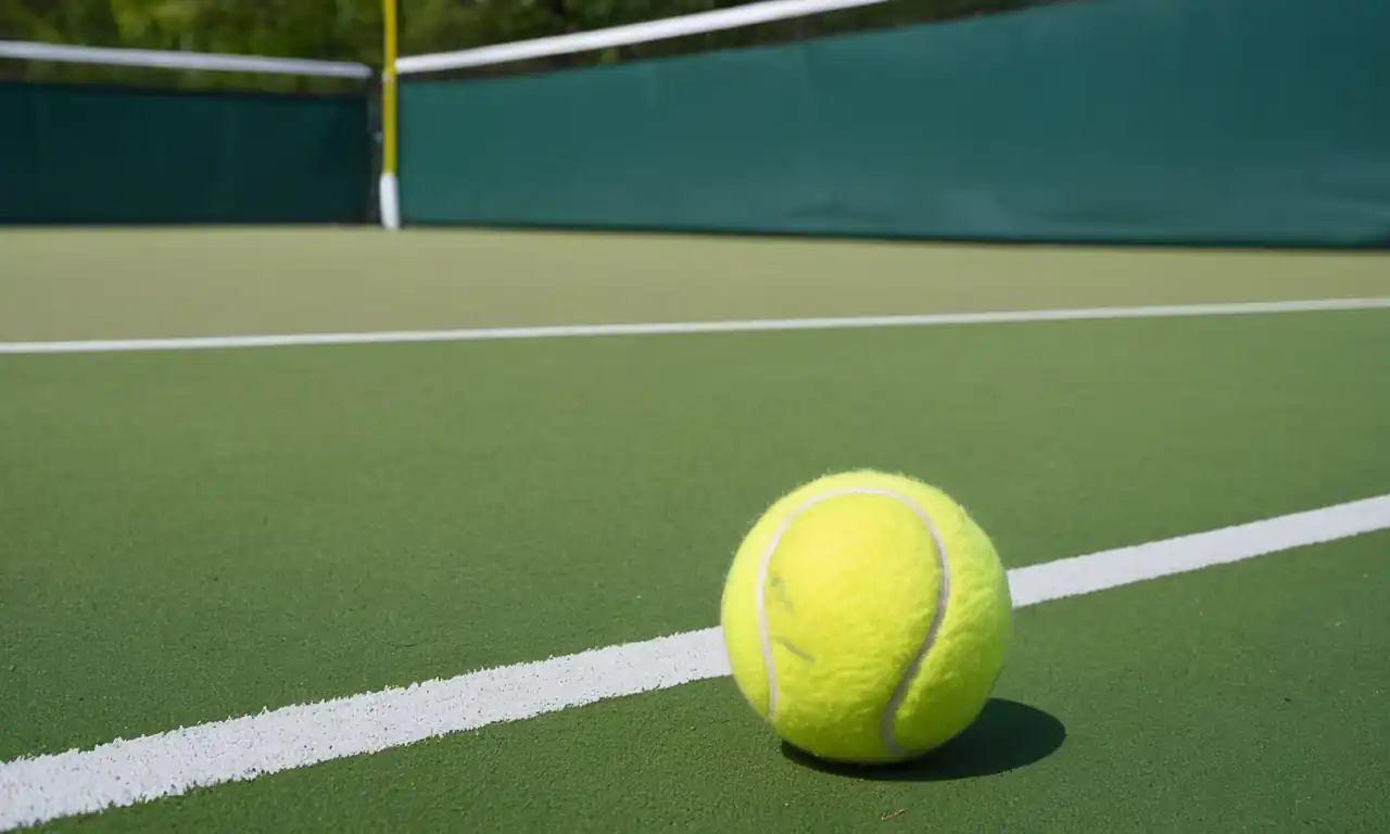 Tennis balls, yellow lines, scoreboard, green grass court