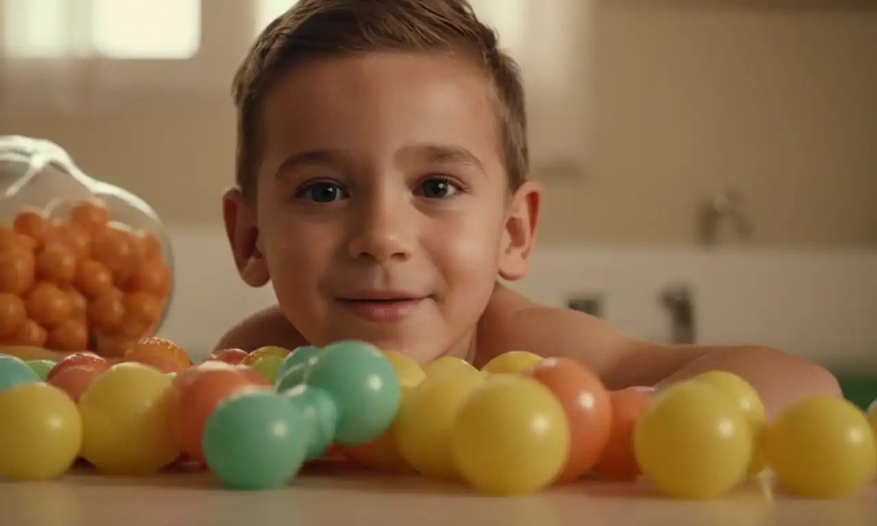 Un niño feliz con un juguete de pompas de jabón