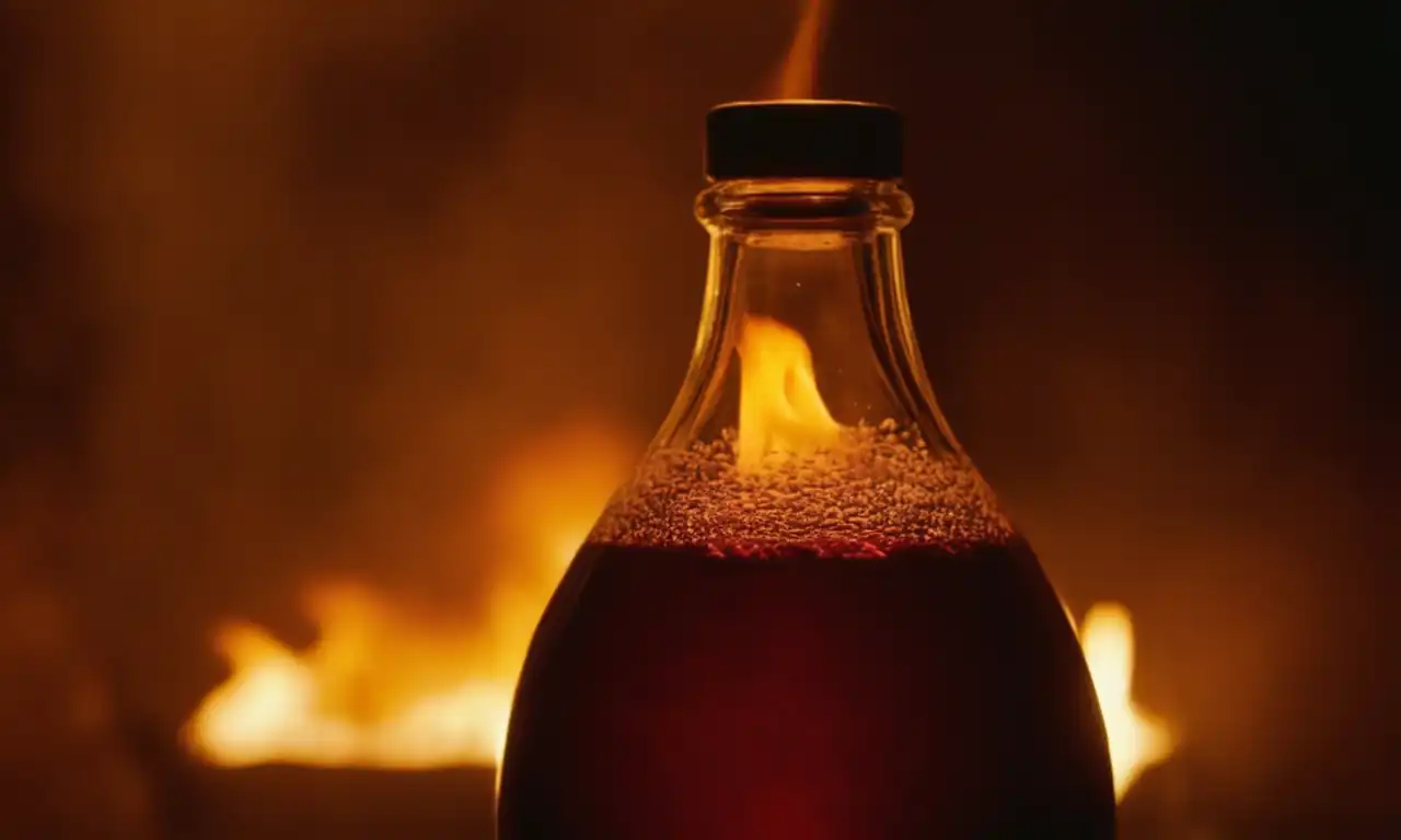 Fuego y espuma brillante en una botella de vidrio