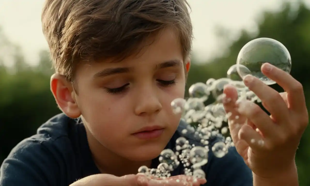 Un niño emocionado creando una burbuja de jabón mágica