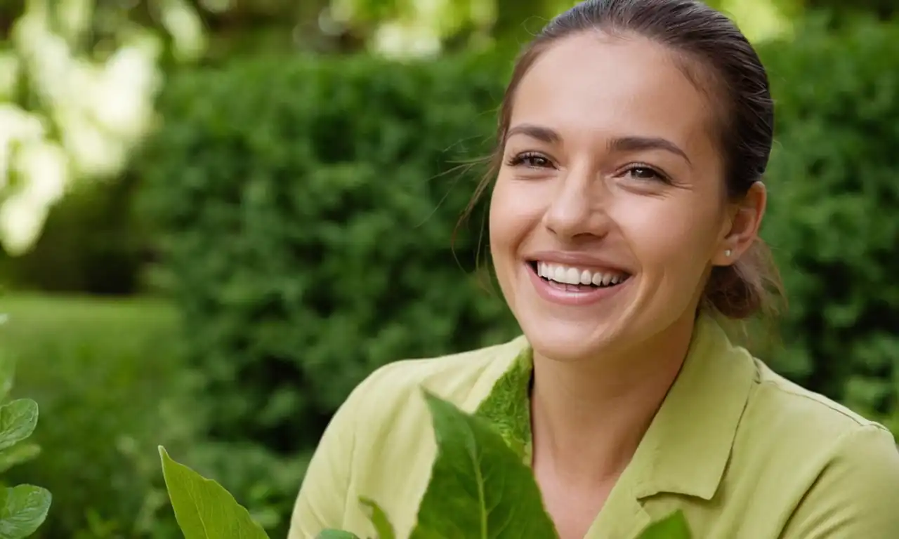 Mujer sonriente tomando suplemento de magnesio en jardín verde