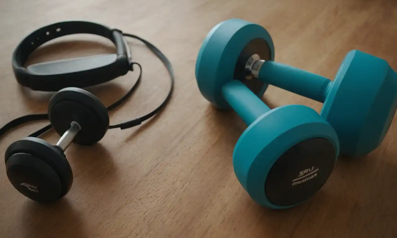 Gym equipment, fitness tracker, dumbbells, sweat-resistant headphones