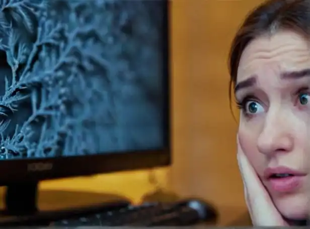 Frozen computer screen with frustrated person in background