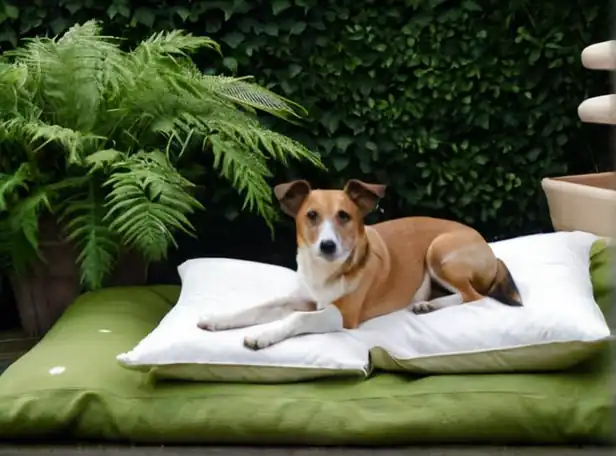 A dog lying on a comfortable bed surrounded by soothing greenery