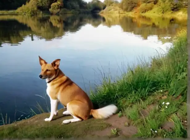 A sad-looking dog sitting near a calm riverbank with natural remedies nearby