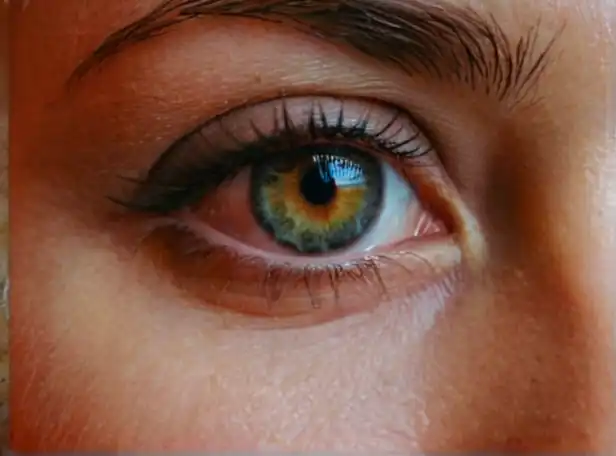 A close-up portrait of a person with unusual eye color