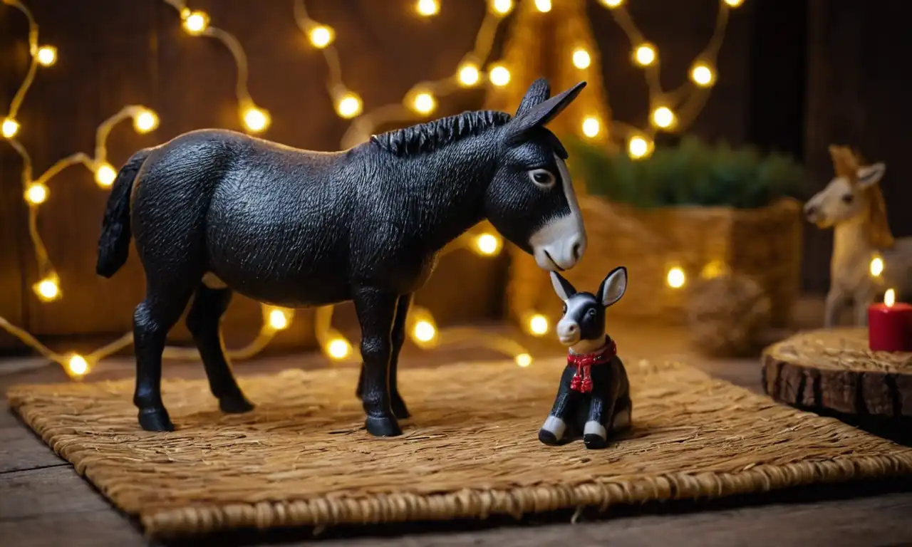 Wooden stable, straw mat, tiny donkey figurine, festive Christmas lights