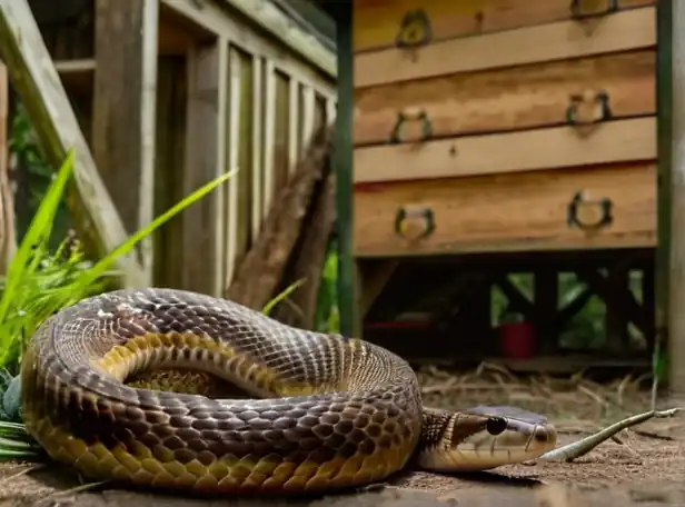 Predatory snake lurking near chicken coop