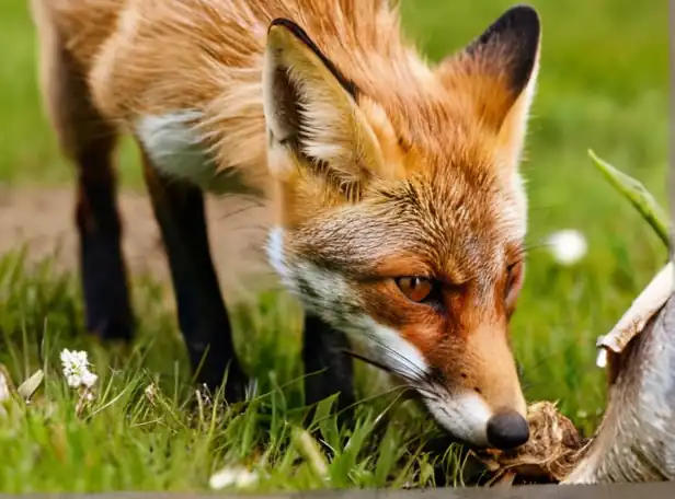 A curious fox sniffing a dead hen