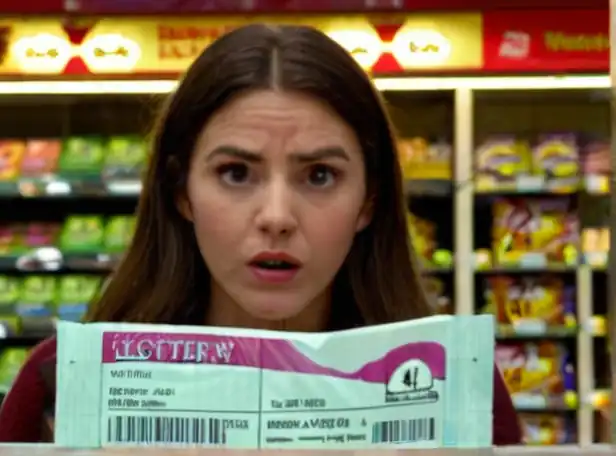 A person holding a lottery ticket at a store counter with confused expressions