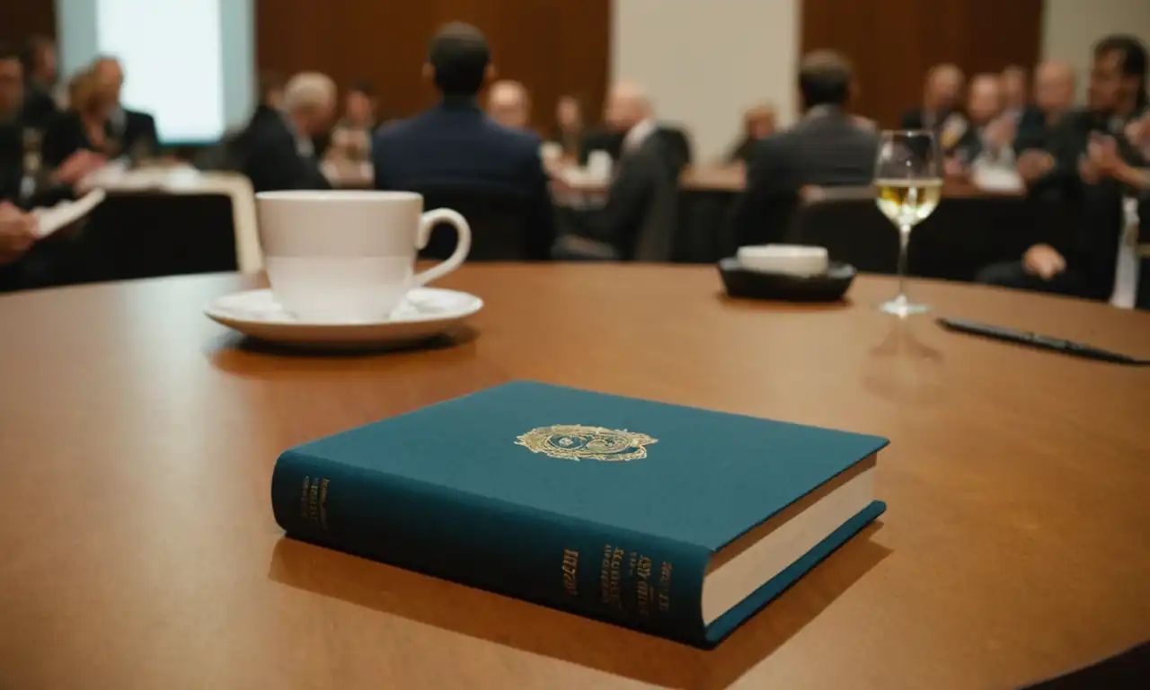 Suplente sentado en una mesa de conferencia con un gran libro