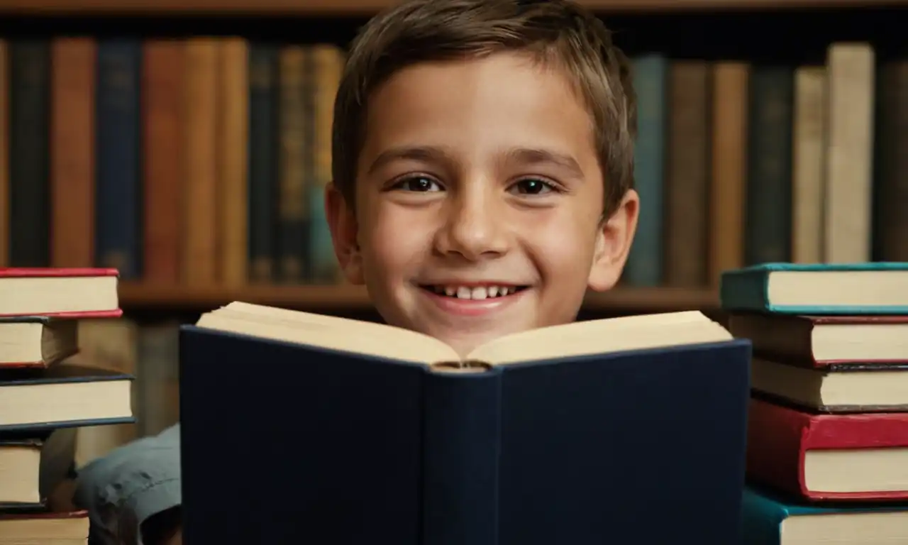 Un niño sonriendo rodeado de libros y computadoras