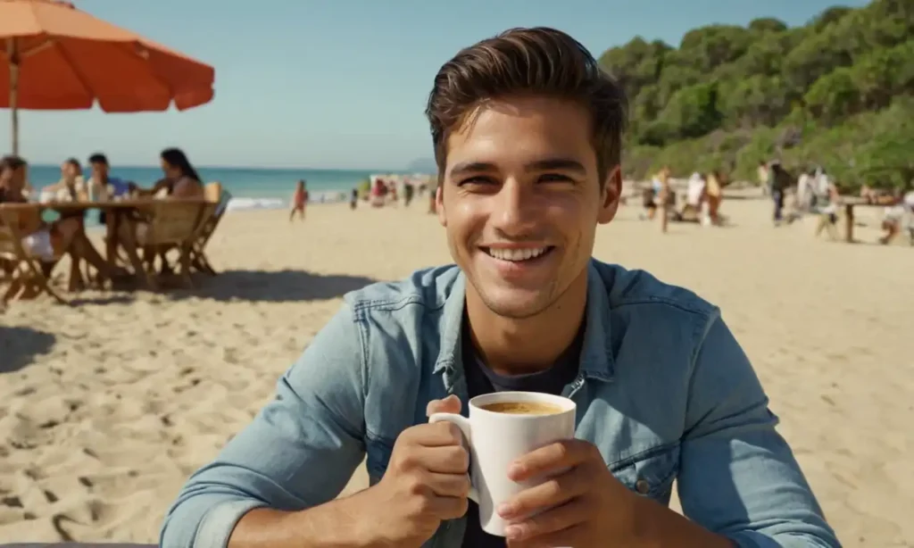 Un empresario joven sonriendo mientras sostiene un café en una playa desierta