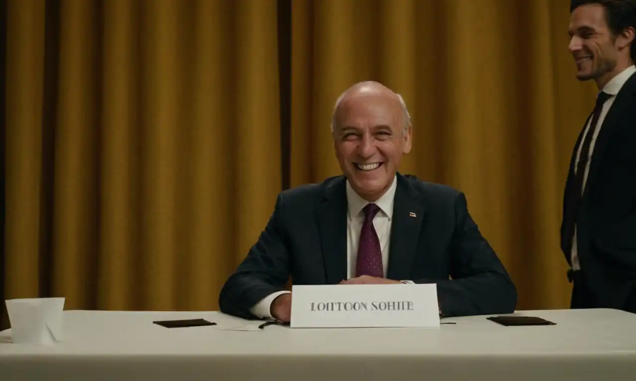 Un elector sonriente sosteniendo un papeleta en una mesa de votación