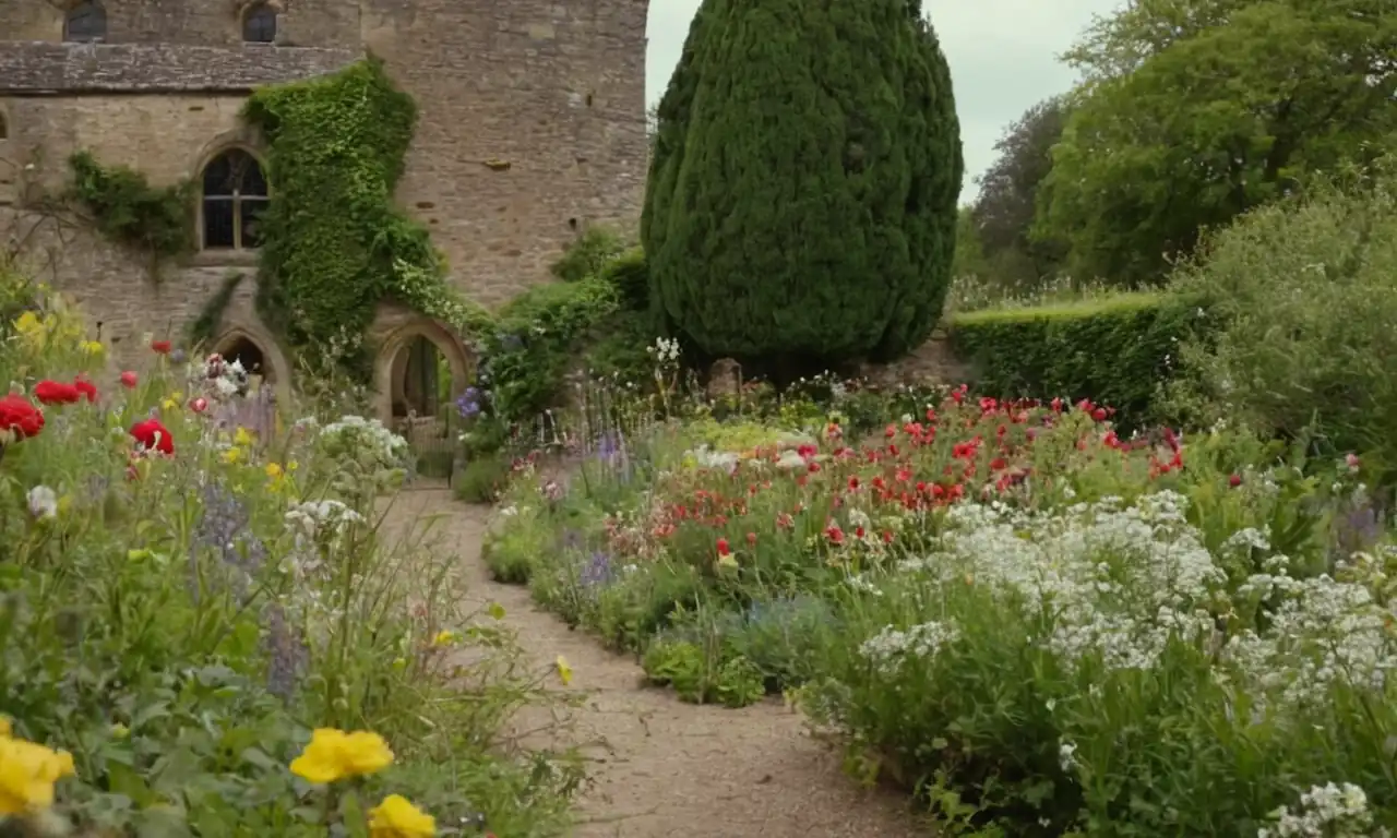Monarca británico rodeada de flores silvestres en un jardín histórico